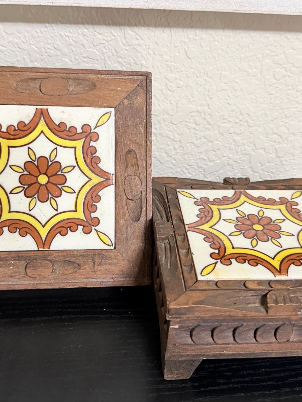 Hand-Carved Wooden Tray & Box with Yellow and Brown Tile Inlay